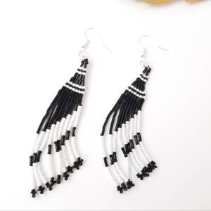 Black and White Hand Beaded Seed Bead Earrings